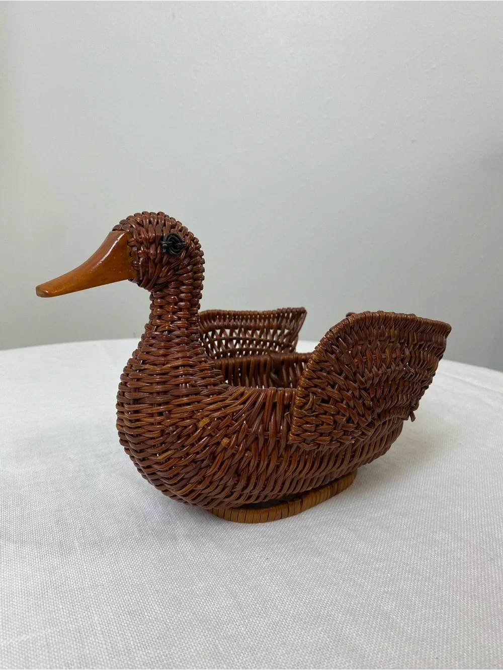 Vintage Wicker/Woven Duck with Wood Bill Basket